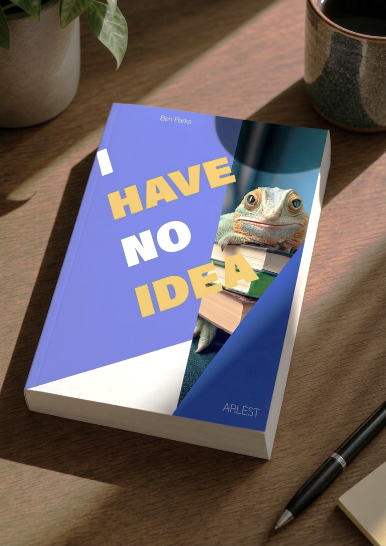 Buchcover "I Have No Idea" mit einem lustigen Frosch und farbigem Hintergrund.