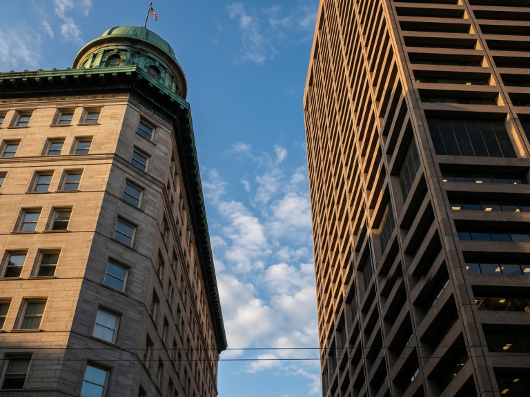 Gegensätzliche Architektur: historisches Gebäude und moderner Hochhaus mit Himmel dahinter.