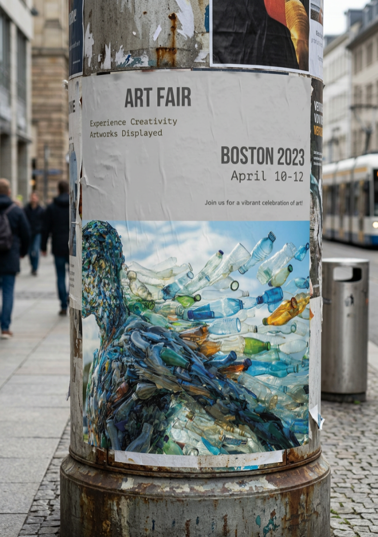 Plakat für die Art Fair Boston 2023, mit bunten Fischmotiven und einem Vogel.