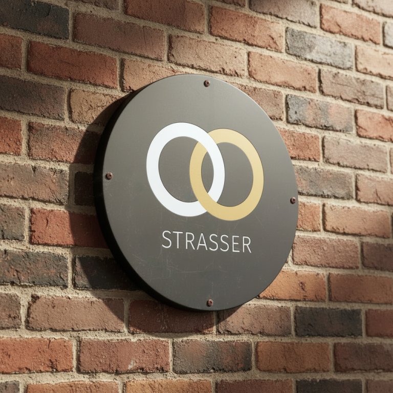 Strasser Design Passau Rundes Schild mit den Worten „STRASSER“ und zwei Ringen in Weiß und Gold auf Backsteinmauer.
