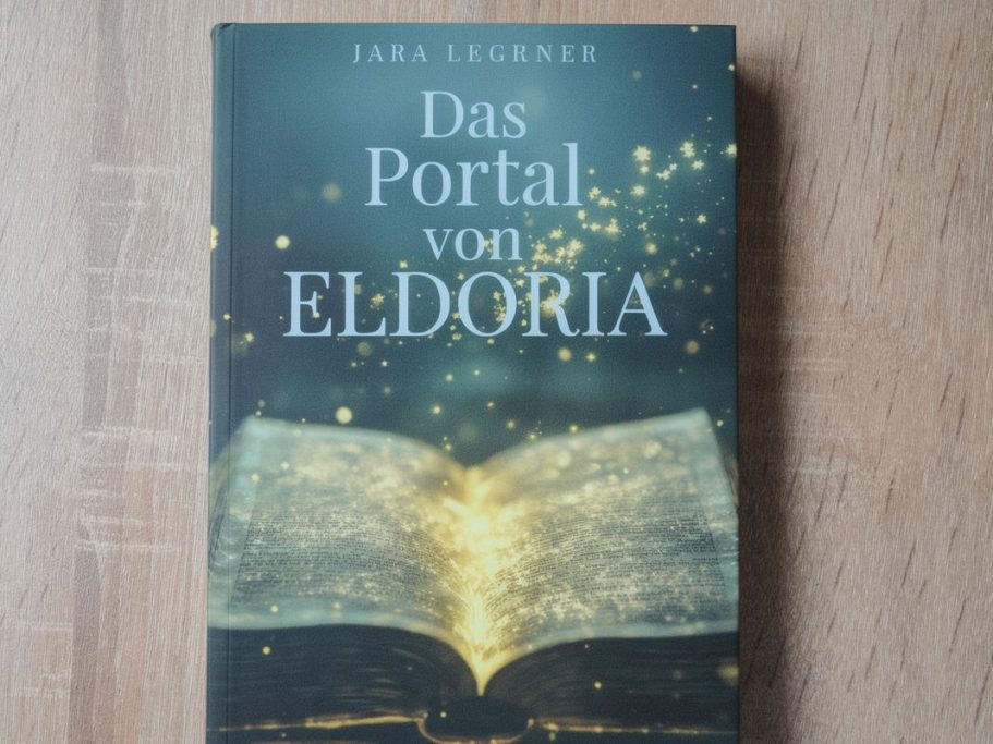 Buchcover mit Titel "Das Portal von Eldoria" und einem geöffneten magischen Buch.