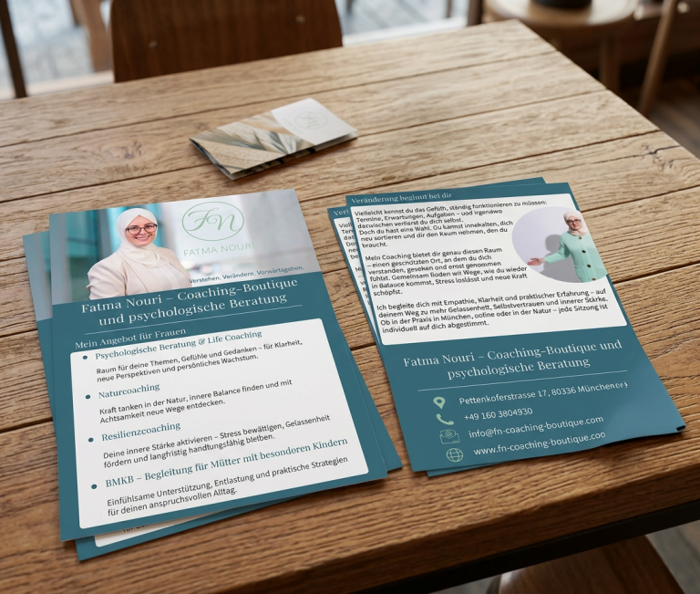 Strasser Design Ingenium – Grafikdesign, Texte, Konzepte Flyer und Visitenkarten liegen auf einem Tisch.