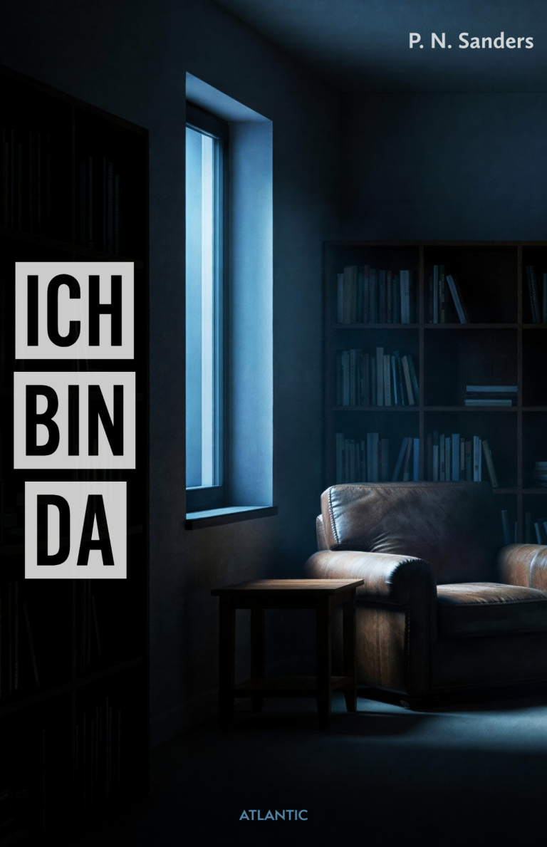 Ein leerer Raum mit einem Sessel, Bücherregal und einem Fenster mit schwachem Licht.