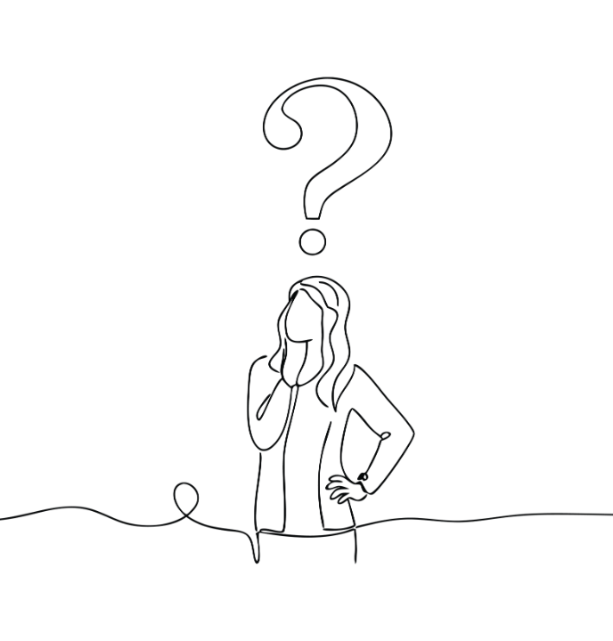Strasser Design Ingenium – Antworten auf Fragen Illustration einer Frau mit großem Fragezeichen in Schwarz und Weiß.