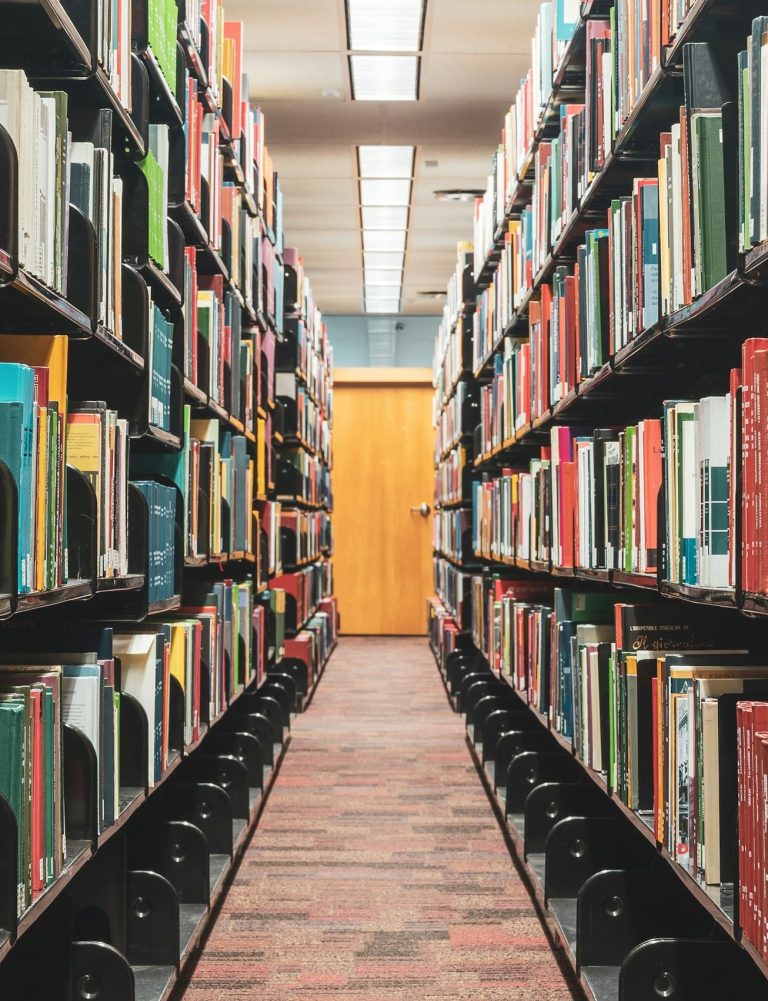 Strasser Design Ingenium – Grafikdesign, Texte, Konzepte Gang in einer Bibliothek mit Büchern in den Regalen.