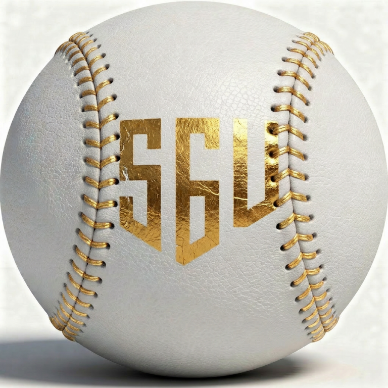 Weißer Baseball mit goldenem Logo "SGL" auf der Vorderseite.