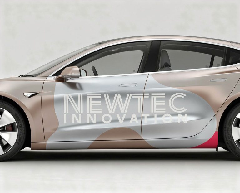 Auto mit grafischem Design und dem Schriftzug "Newtec Innovation" auf der Seite.