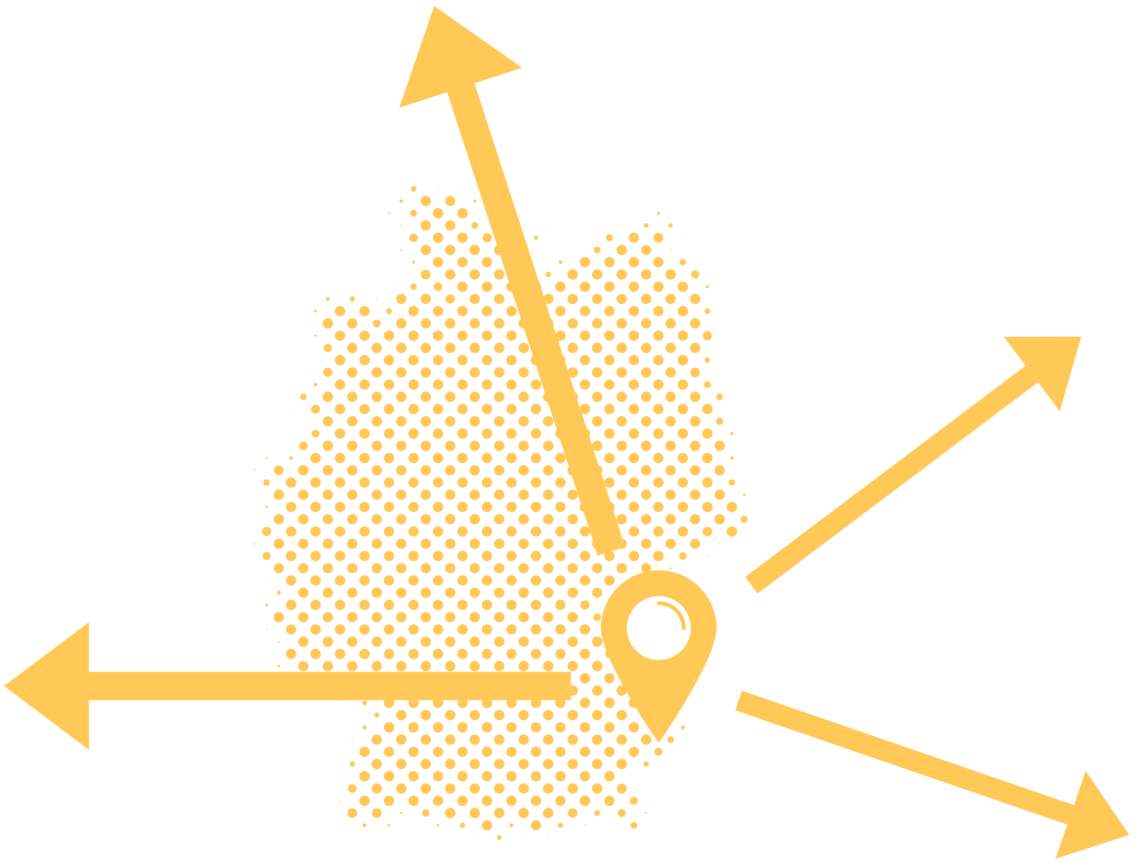 Agentur Strasser Design weltweit Grafik einer Karte mit Markierung und Pfeilen in verschiedene Richtungen.