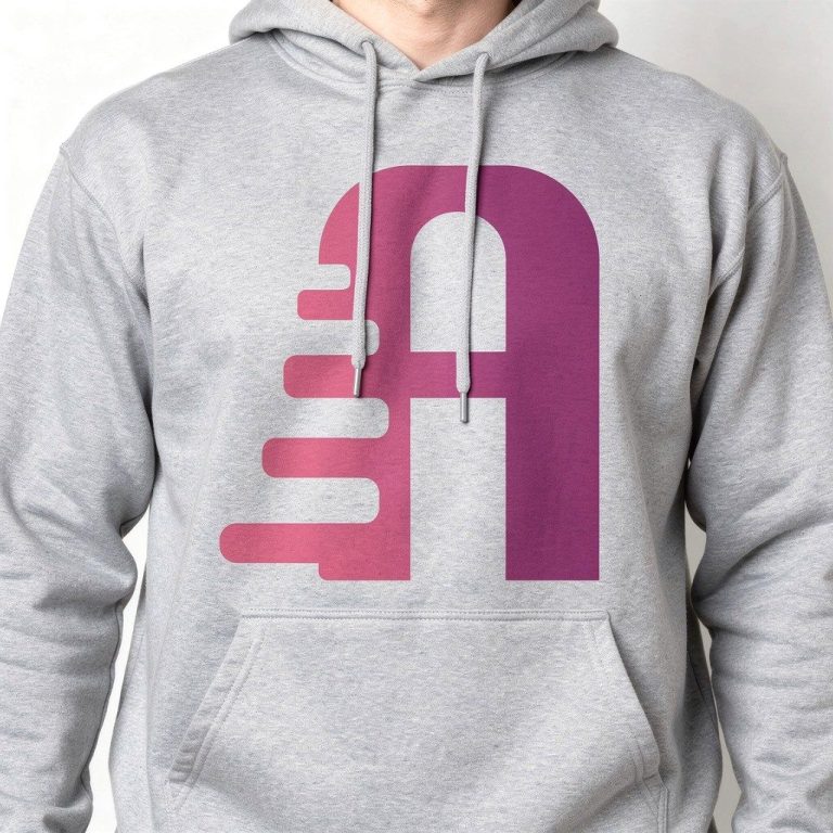 Grauer Hoodie mit einem stilisierten, futuristischen "a" in Lila-Gradient.