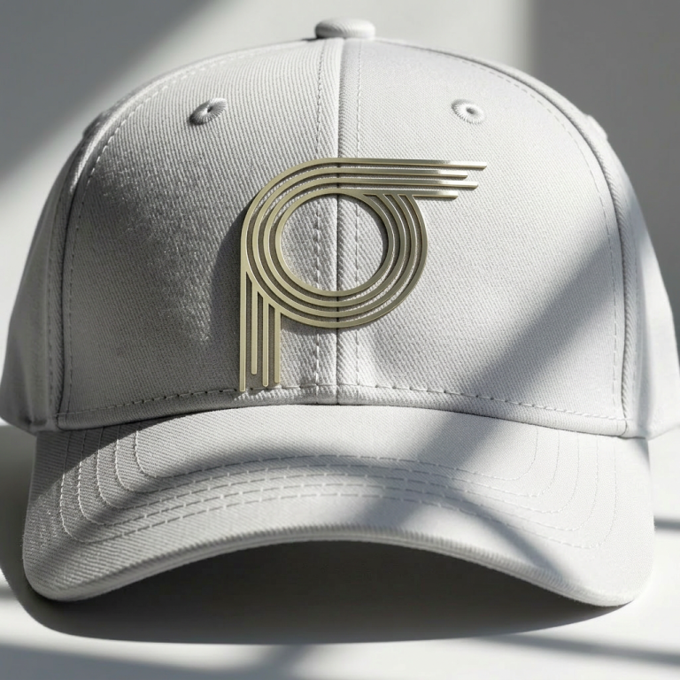 Graue Baseballmütze mit einem goldenen, geschwungenen Logo.