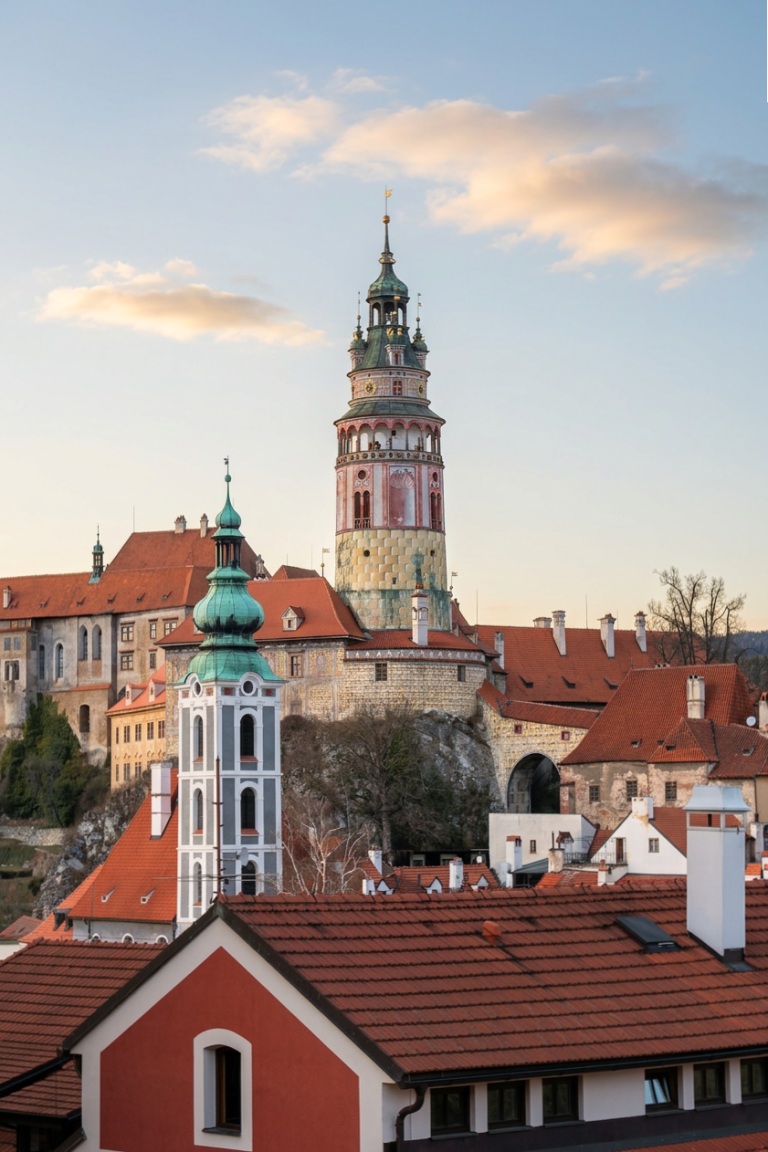 Blick auf historische Gebäude mit Turm und roten Dächern unter blauem Himmel.