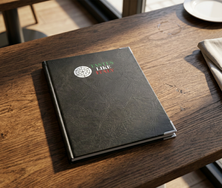 Strasser Design Ingenium – Grafikdesign, Texte, Konzepte Speisekarte liegt auf einem Holztisch.