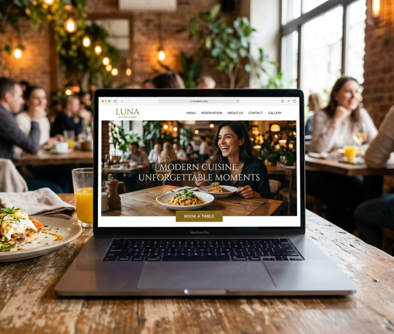Strasser Design Ingenium – Grafikdesign, Texte, Konzepte Website eines Restaurants auf dem Laptop in einem Restaurant.