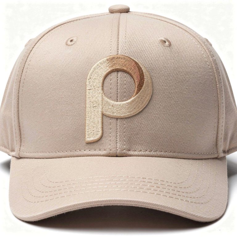 Beige Baseballmütze mit hellem "P"-Logo auf der Vorderseite.