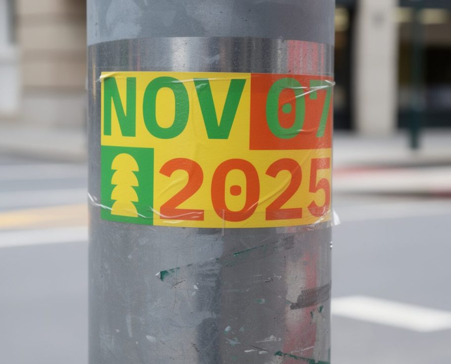 Aufkleber auf einem Pfosten mit dem Datum 07. November 2025.