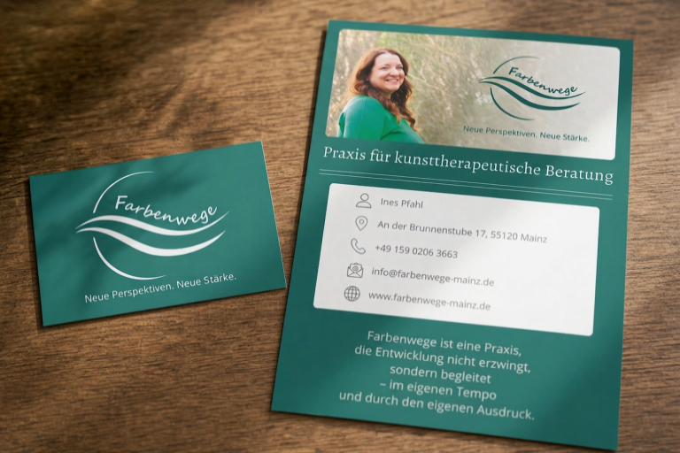 Visitenkarte und Flyer mit Kontaktdaten und Logo einer Beratungsstelle.