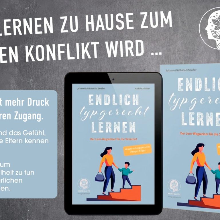 Social Media Content Zwei Buchcover zu "Endlich typergerecht lernen", mit Tablet und Mutter mit Kind.