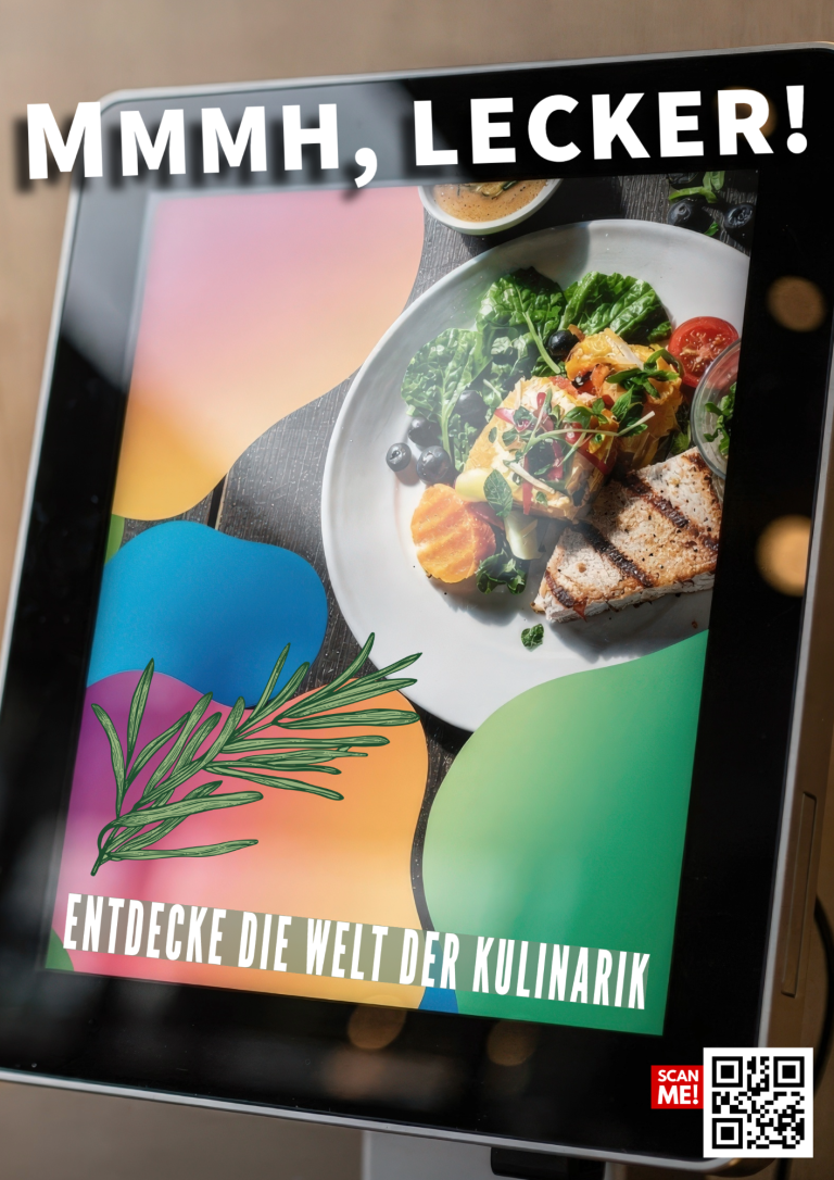 Buntes Plakat mit Tellergericht und der Aufschrift: "MMMHH, LECKER!"