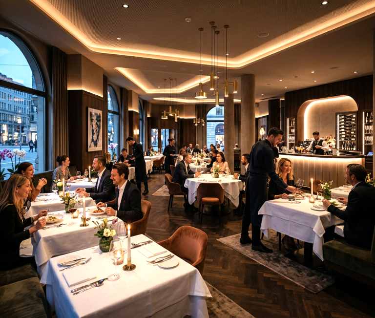 Strasser Design Ingenium – Grafikdesign, Texte, Konzepte Gefüllter Gastraum eines noblen Restaurants.