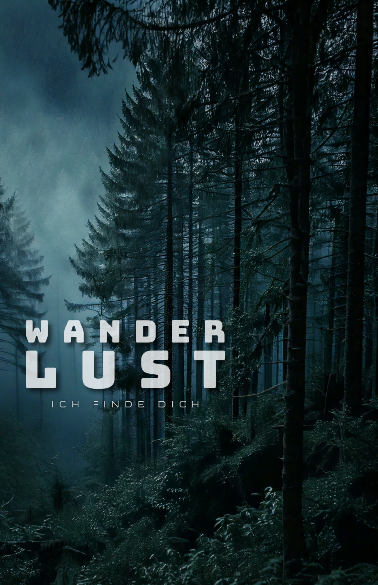 Dichter Wald mit nebliger Atmosphäre und dem Text "Wanderlust" im Vordergrund.