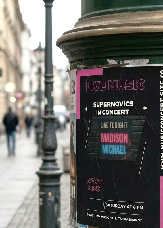 Aushang für ein Konzert mit Live-Musik von Hudson Michael, Samstag um 19 Uhr.