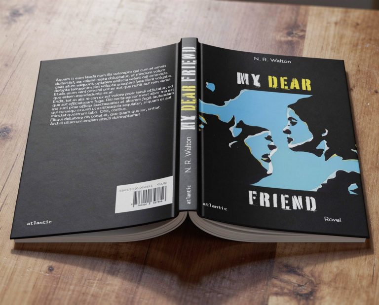 Das Buch "My Dear Friend" mit einer schwarzen Umschlaggestaltung und blauer Kartenillustration.