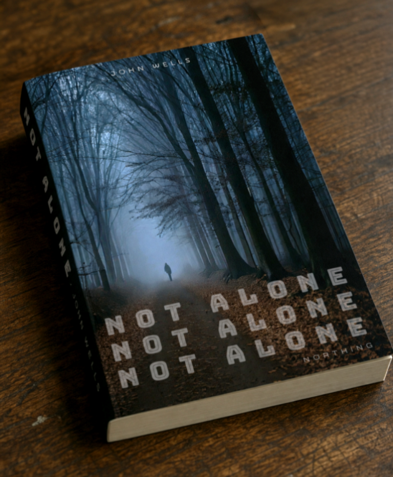 Ein Buchcover mit düsterem Wald und dem Titel "Not Alone".