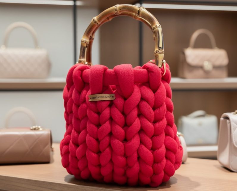 Rote Handtasche mit geflochtenem Design und goldenem Haltegriff.