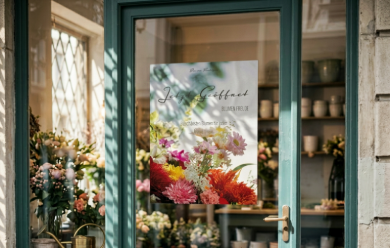 Blumenladen mit bunten Blumen und einem Werbeplakat im Fenster.