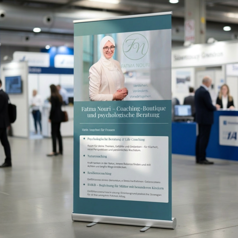 Roll-up-Banner mit Informationen über Fatima Nouri, Coaching und Beratung.