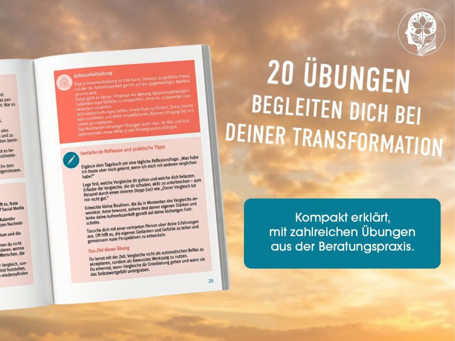 20 Übungen zur Unterstützung deiner Transformation auf einem offenen Buch mit sonnigem Hintergrund.