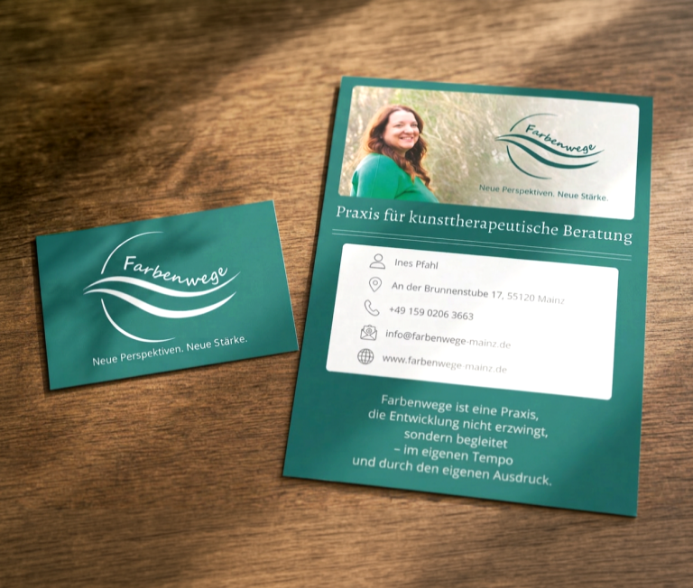 Strasser Design Ingenium – Grafikdesign, Texte, Konzepte Flyer und Visitenkarte auf einem Holztisch.
